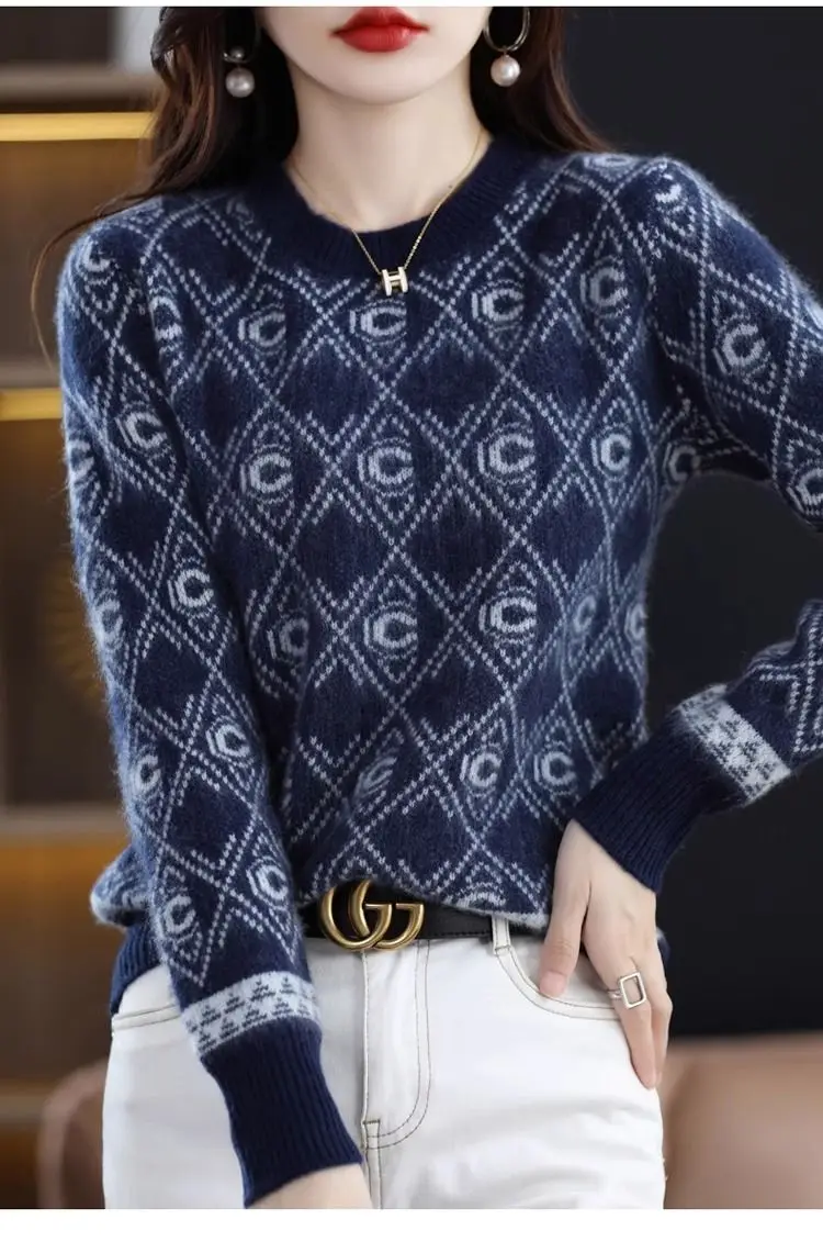 Baru warna memblokir Jacquard wanita Pullover leher bulat Sweater dasar serbaguna Sweater rajut longgar atasan