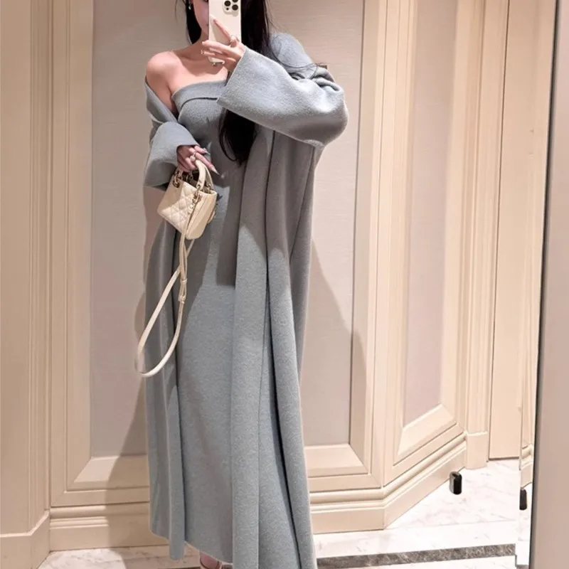 Autumn Winter Warm Knitted 2-piece Dress Set Women Soft Long Cardigan Strapless Bodycon Split Midi Dress Vintage Chic Outfits