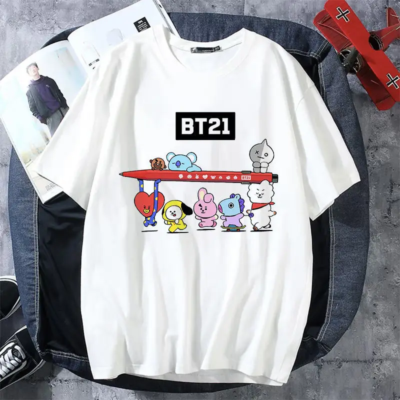 Summer new BT21 loose T-shirt top cute cartoon thin parent-child black and white short sleeves Children\'s holiday gifts