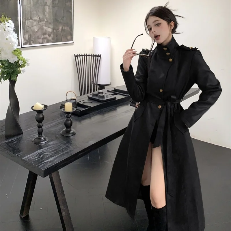 معطف كوري أنيق من جلد البولي يوريثان باللون الأسود سترات نسائية طويلة غير رسمية لسائقي الدراجات النارية Y2k ملابس خروج نسائية عتيقة ملابس الخريف #2