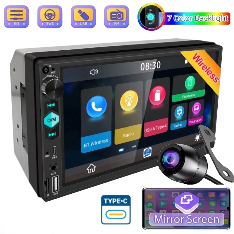 

7-дюймовый автомобильный стерео радио MP5-плеер с камерой заднего вида, сенсорным экраном 2DIN Mirror Link, беспроводной BT, FM, USB/TF-картой/портом Type-C