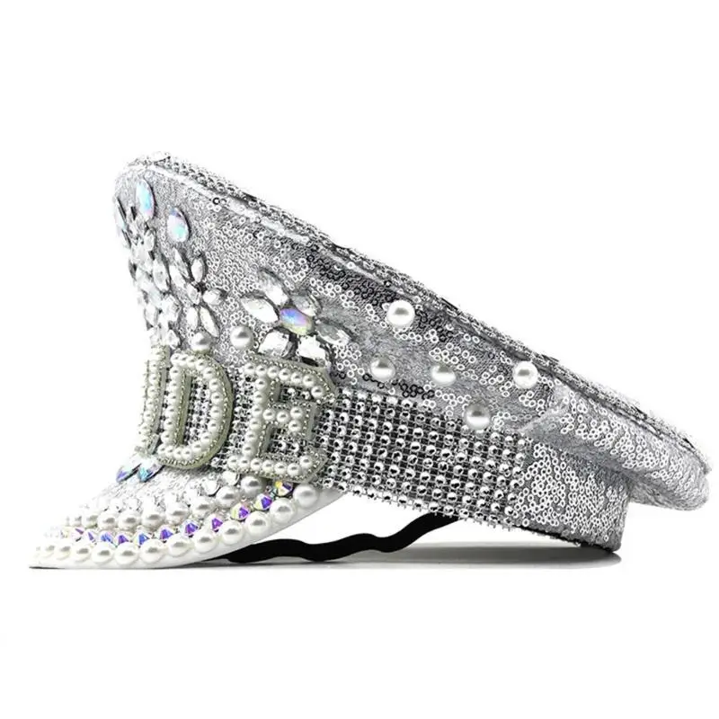31BB Bride Hat with Hand Beading Shining Crystal Captain Hat Beaded Heavy Pearls Captain Hat for Bachelorette Party