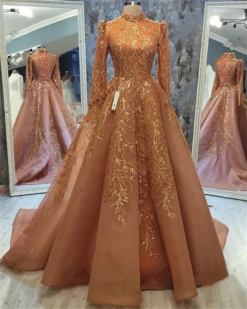 Customized Muslim Long Sleeve Evening Dresses High Neck Sequin Floor Length Women Formal Occasion Dress Mother's Wedding Gown