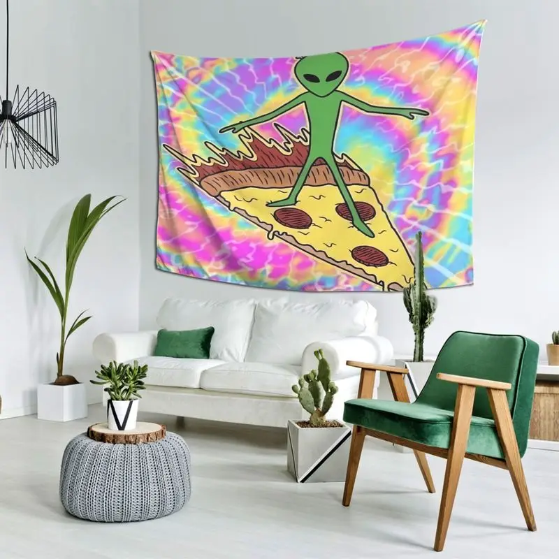 VIKAMA Quirky Alien Pizza Tapestry Psychedelic Tie Dye Cartoon Wall Hanging Trendy Aesthetic Room Decor