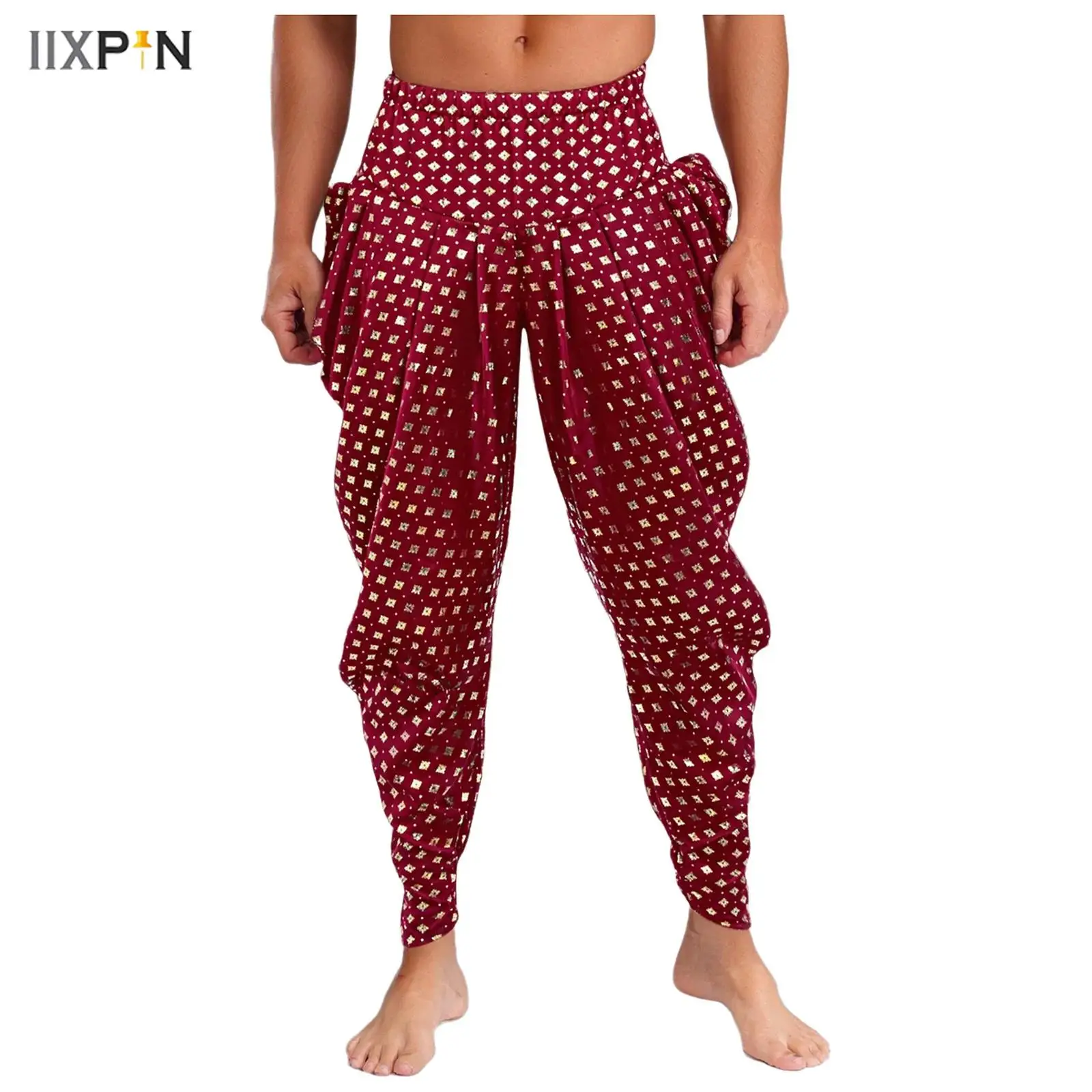 

Mens Metallic Floral Printed Satin Dhoti Pants Traditional Indian Ethnic Clothing Halloween Theme Party Costume Pleated Trousers