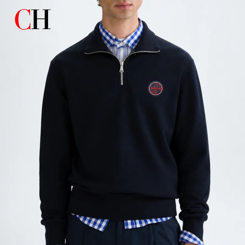 CH Mens Timeless Round Patch Badge Chest Accent Quarter Zip Collared Sweatshirt Four Season Multi Occasion Top