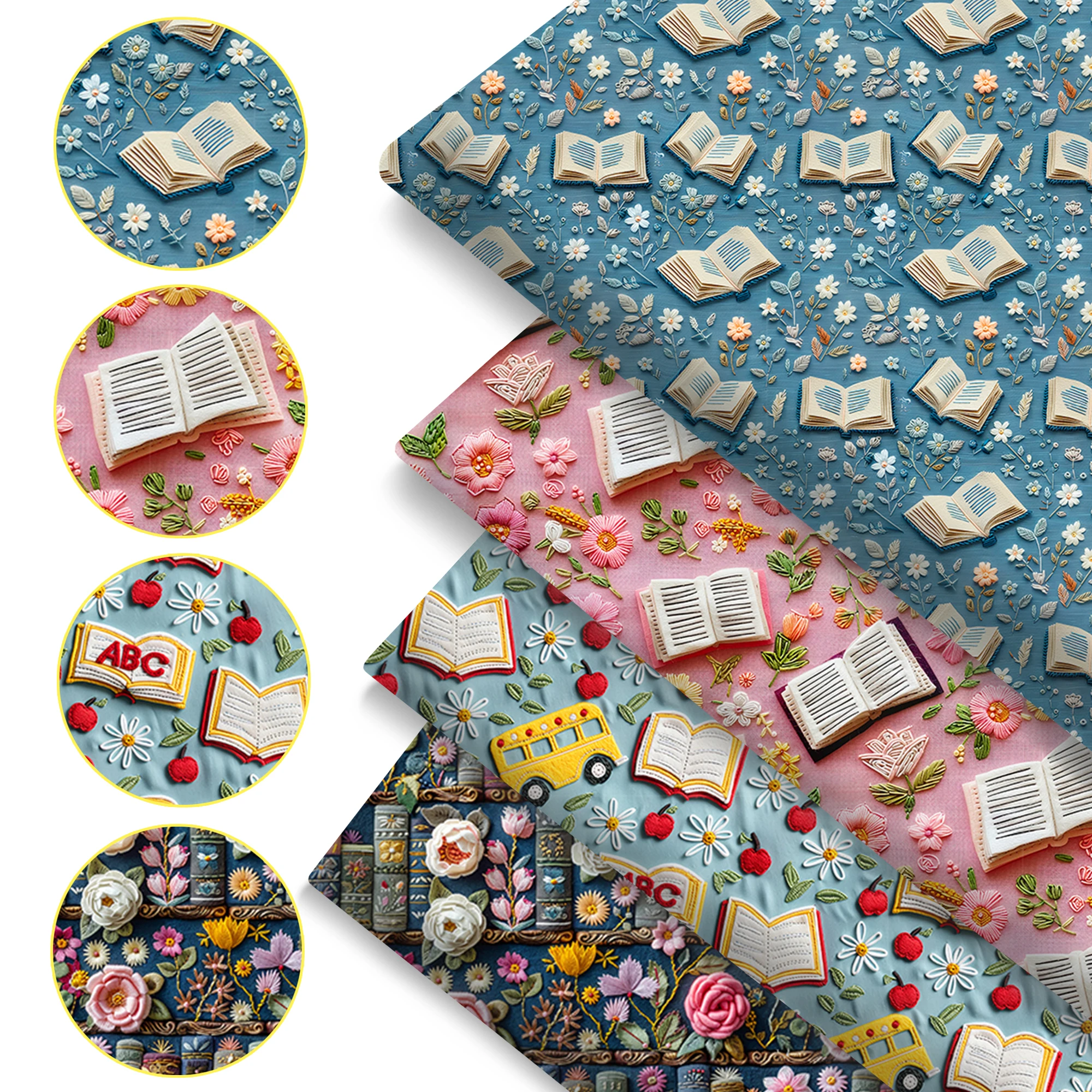 Pre-cut 4pc/set 50x45cm 3D Print Books Polyester Precut Quilting Fabric Squares Sheets