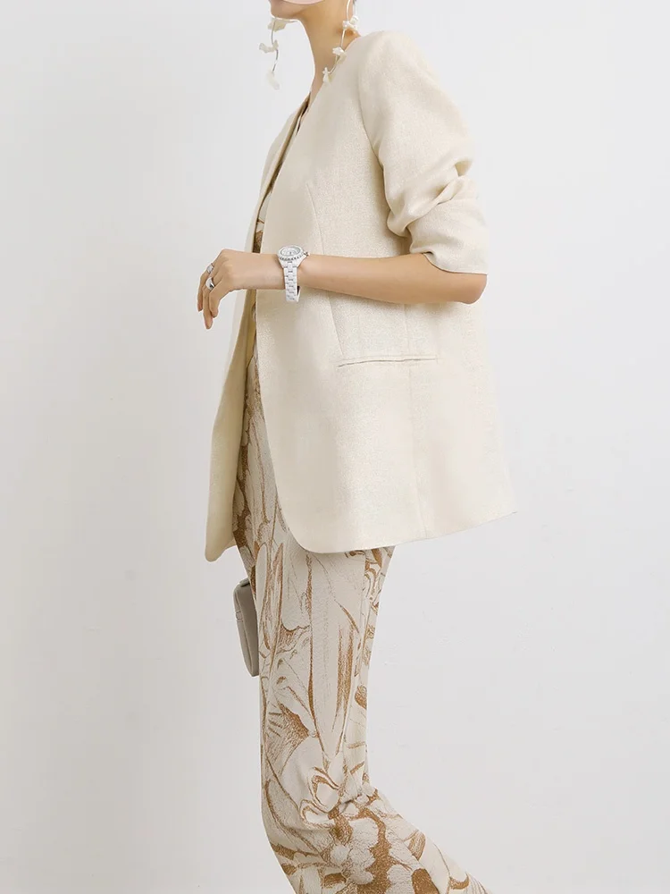 VB Simple Spring Edition Tee-Dimensional Tailoring No Collar Gold Tead Linen Suit Sunscreen No Button oulder Pad Loose...