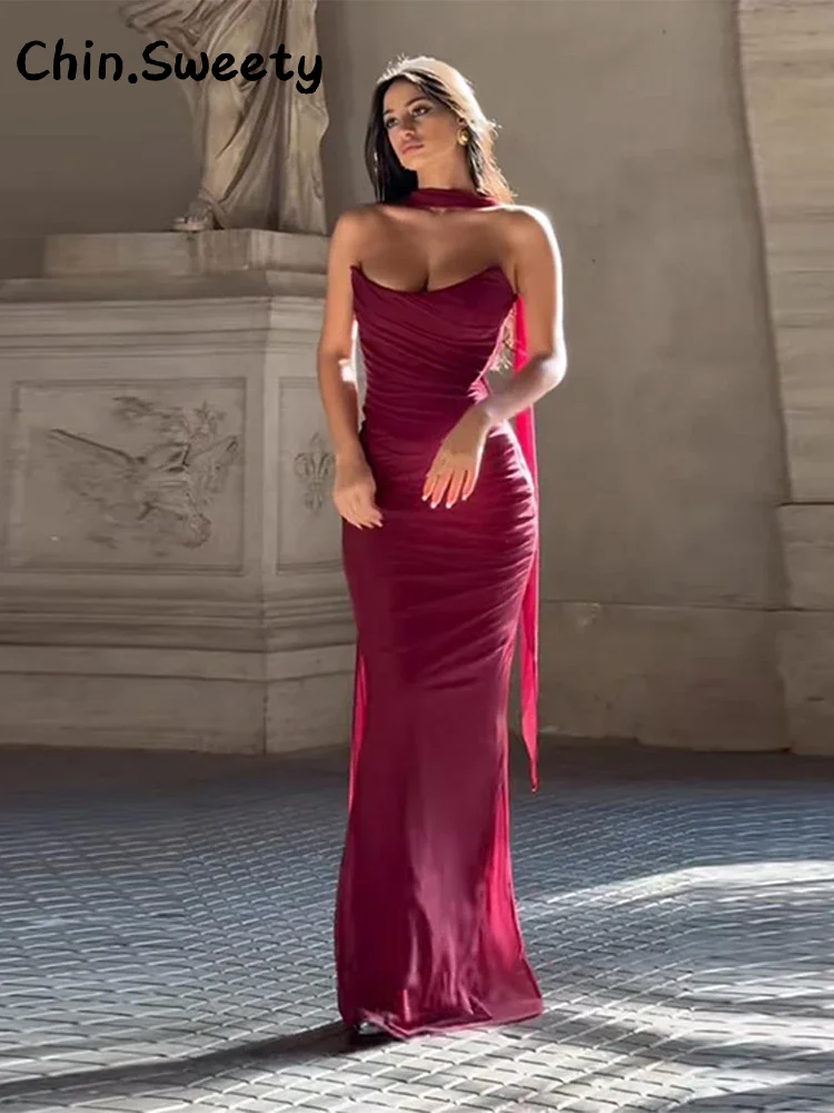 

Elegant Ribbon Mermaid Skirt Set Women Solid Sleeveless Tube Tops High Waist Hip Package Slim Skirts 2025 Summer Lady Party Suit