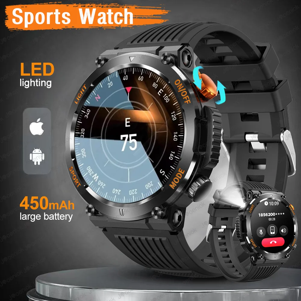 

Военные Смарт-часы для мужчин, компас, светодиодная подсветка, 450 мАч, большая батарея, 360*360 HD-экран, фитнес-трекер, BT Call, умные часы для Huawei