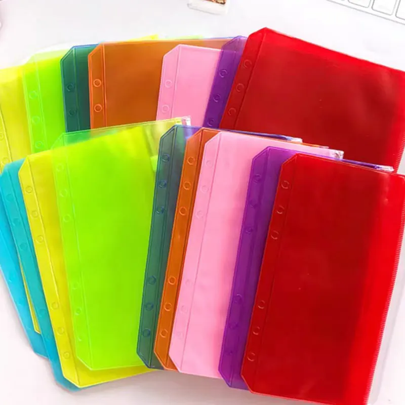10pcs/Lot Colorful Transparent PVC A5 A6 Binder Pocket Clear Zipper Folders for 6-Ring Notebook Binder Filing Pouch Organizer