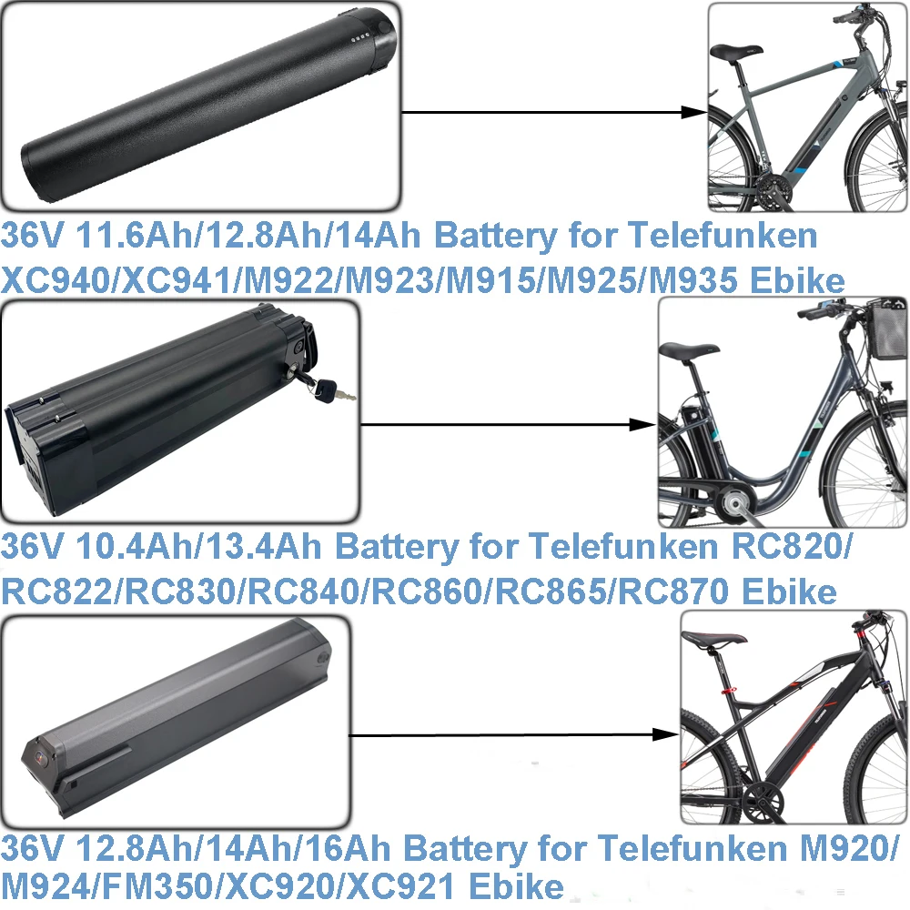 

E-Bike Battery 36V 10.4Ah 11.6Ah 12.8Ah 14Ah 16Ah for Telefunken XC940 XC941 XC920 XC921 M915 M920 M922 M923 M924 M925 RC820