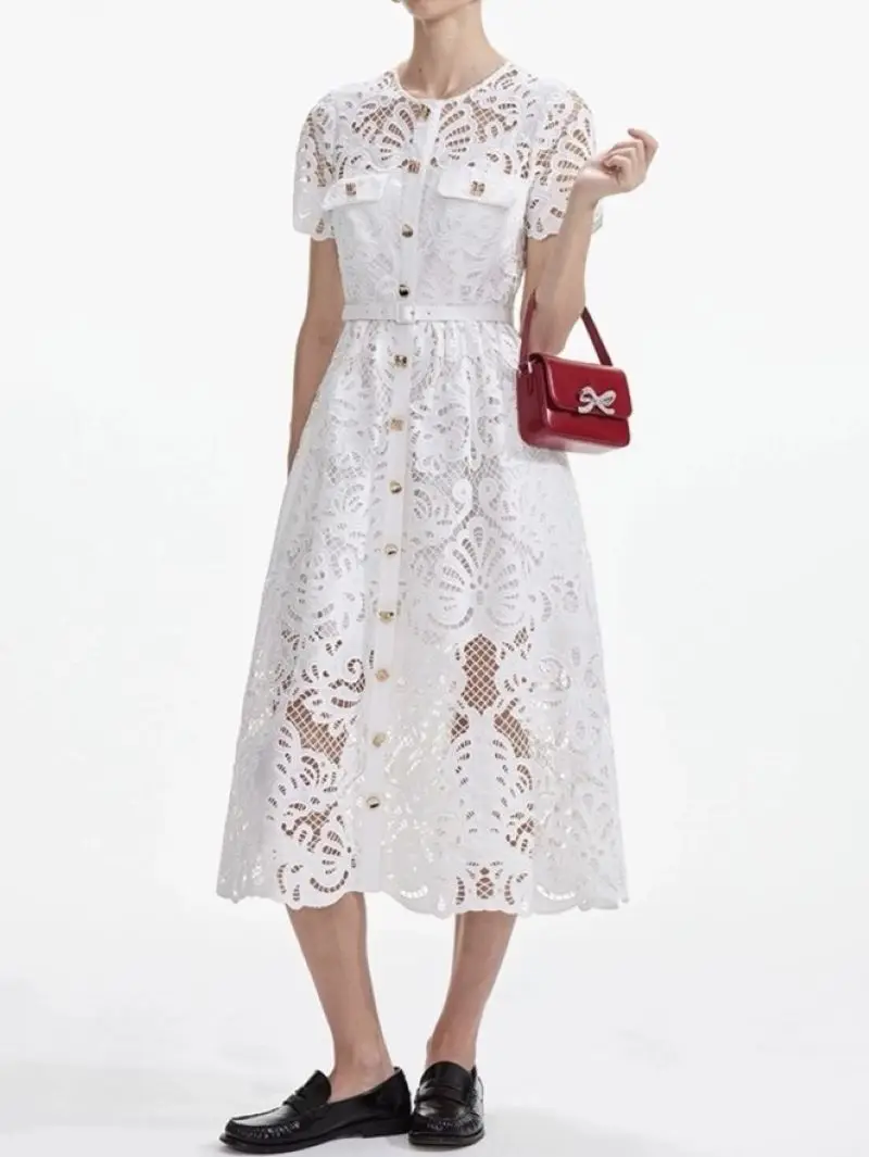 Women Lace Hollow Out Midi Dress White Single Breasted O-Neck Short Sleeve Elegant Autumn 2024 Robe with Belt