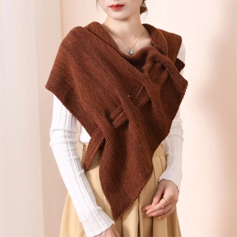 

Fashion Spring Autumn Knitted Shawl Women Crochet Shoulder Guard Neck Infrared Pierced Cloak Tied Scarf Fake Shawl Coffee