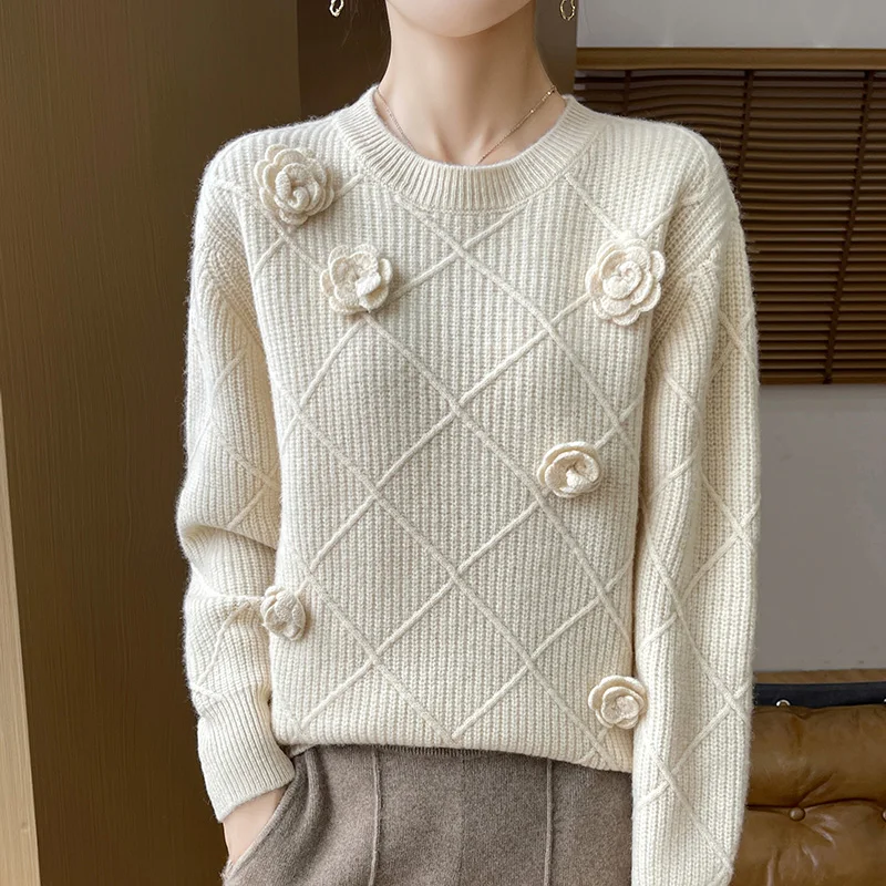 

Осень/зима 2025, новый 100% чистый свитер, женский пуловер с круглым вырезом, свободный тонкий вязаный свитер, топы