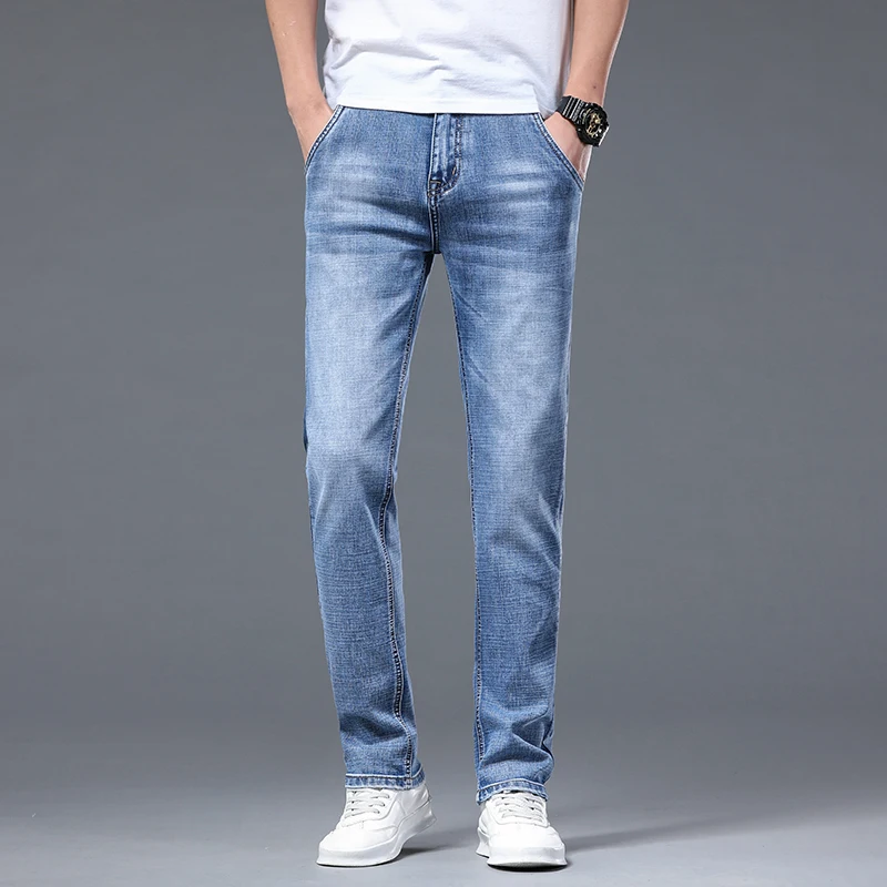 2026 Men's Regular Fit Thin Light Blue Jeans  Spring Summer New Fashion Casual Cotton Stretch Pants Denim Trousers Male Brand