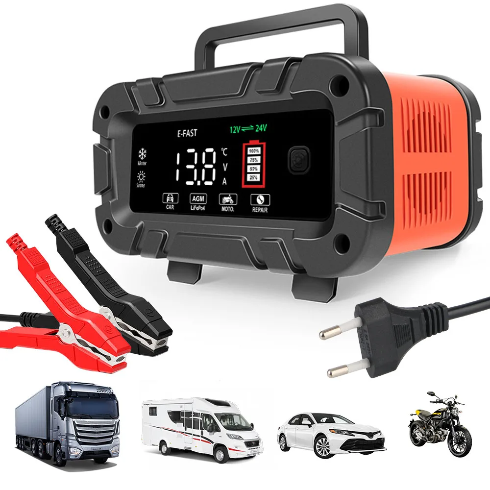 Pulse Repair Battery Charging For Motorcycle SUV Truck Multifunctional 12V 24V Car Battery Charger 10A High Power LED Display