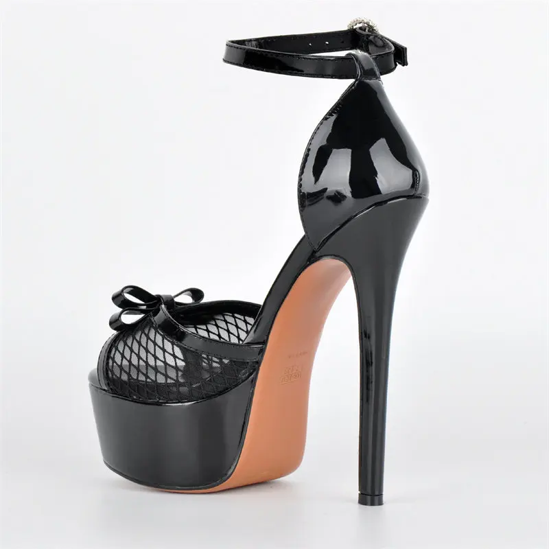 Summer new round headed fish mouth patent leather bow mesh waterproof table sandals, banquet large size high-heeled women's shoe