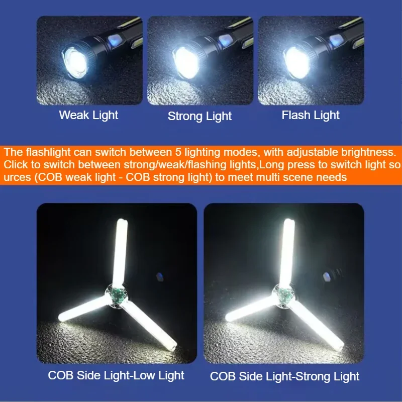 Outdoor Powerful LED Flashlight Portable USB Rechargeable LED COB Camping Torch 5 Modes Multi Functional Emergency Lantern