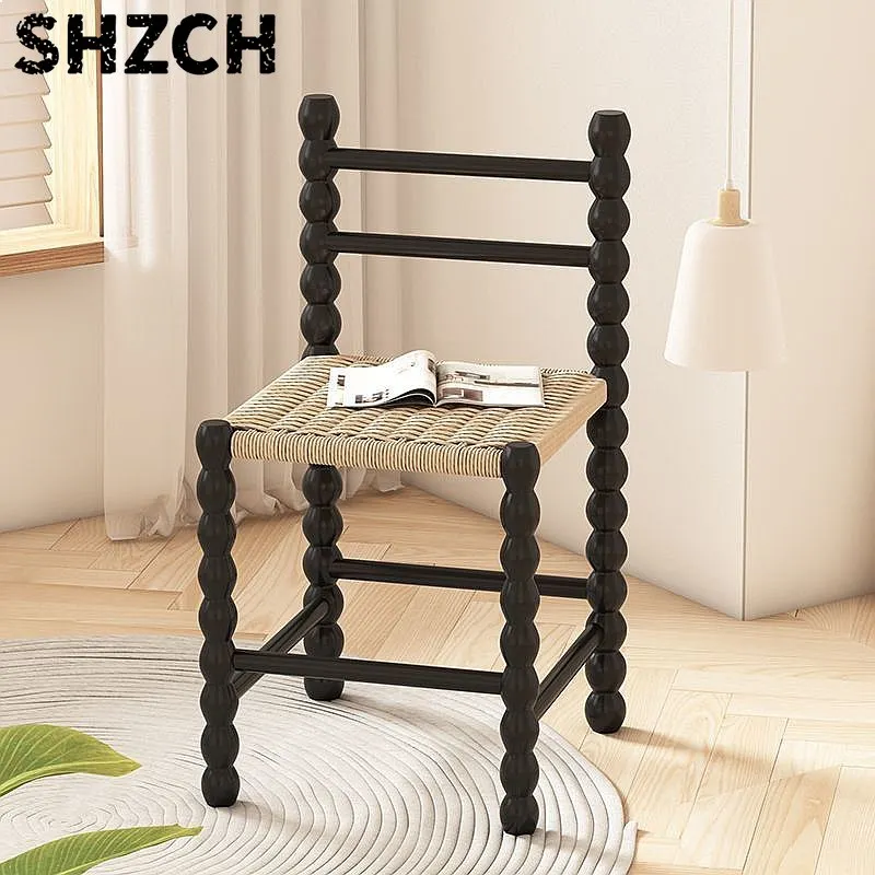 Nordic Woven Stool Vintage Rattan Bench Mid-Century Vanity Accent Chair Boho Home Decor