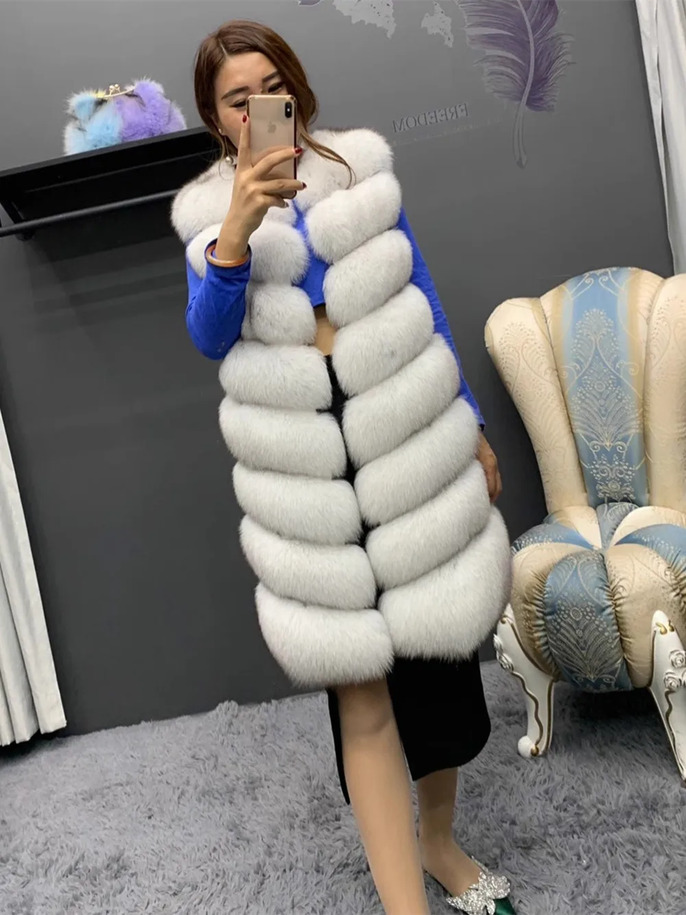 90cm Long Fox Fur Vest Women Plus Size Sleeveless White Long Real Fox Fur Jacket Cropped For Girls