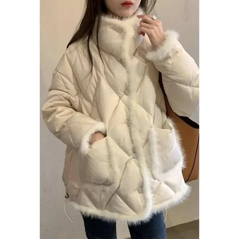 2024 Winter new French stitching cotton-padded jacket women's stand collar rhombus short cotton-padded jacket Korean style