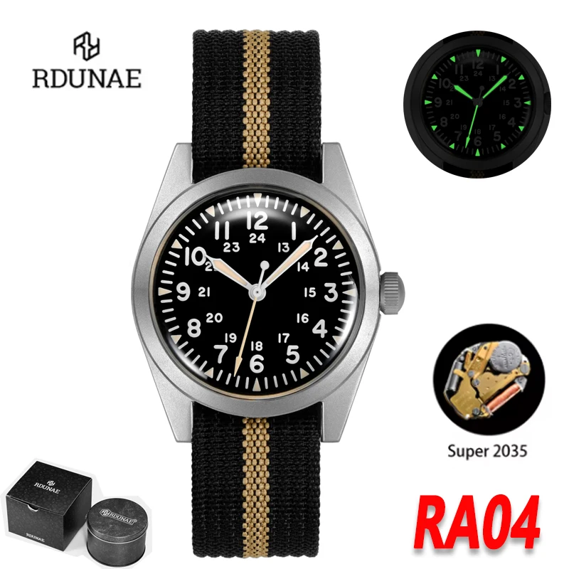 

RDUNAE RA04 Военные часы G10 Ретро Miyota Super 2035 Механизм Светящийся 50 м Водонепроницаемые 35 мм Кварцевые наручные часы для мужчин
