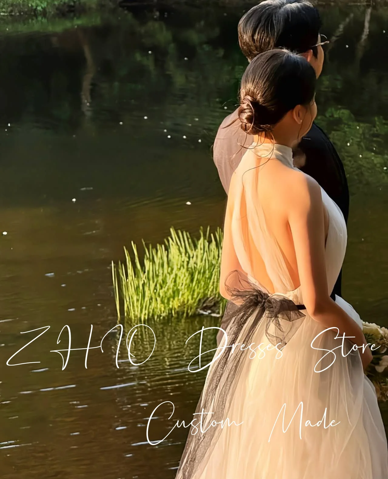 ZHIO Classic Illusion Wedding Dress Halter Sleeveless A-Lin Ribbons White Tulle Korea Photo Shoot Bridal Gown Customized