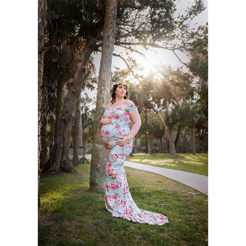 European American Printed Maternity Photoshoot Cross V-Neck Short Sleeve Train Maxi Dress Commemorative Youth Pregnancy Dress