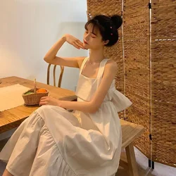 Black Tie Bow Back Ruffle Trim Dress Women Summer 2022 Backless Street Style Suspender Sweet Skirt A Line Solid Long Dresses