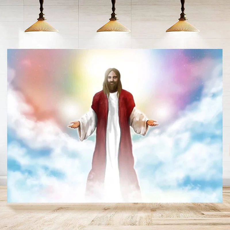 

Jesus Resurrection Photography Backdrop Easter Heaven Holy Light Cloudy Sky Background God Bless Church Decorate Banner