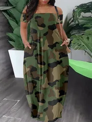 LW Bateau Neck Camo Off The Shoulder Maxi abiti manica corta lunghezza del pavimento Camouflage Casual Summer New Women clothing