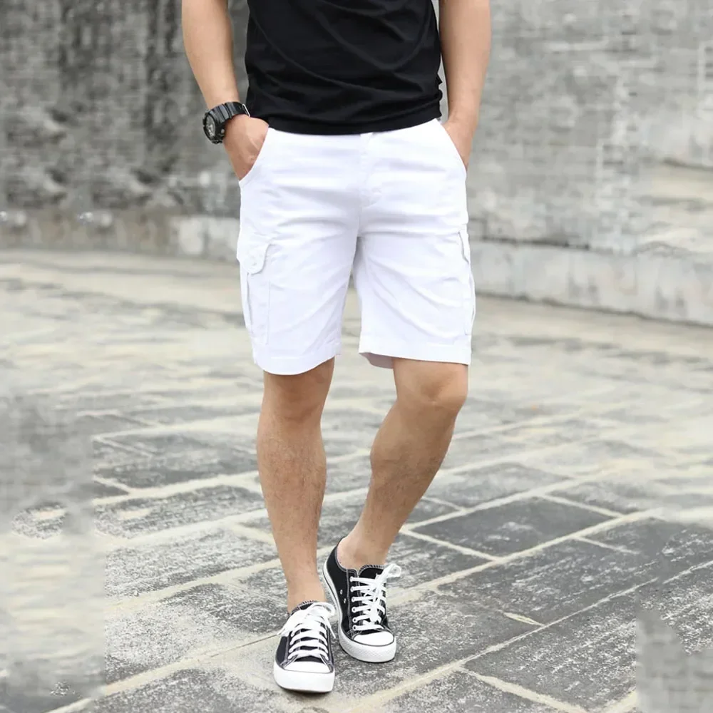 Summer White Multi-pocket Shorts Men\'s Working Casual Knee Length Pants Trend Loose Large Size Straight Pants