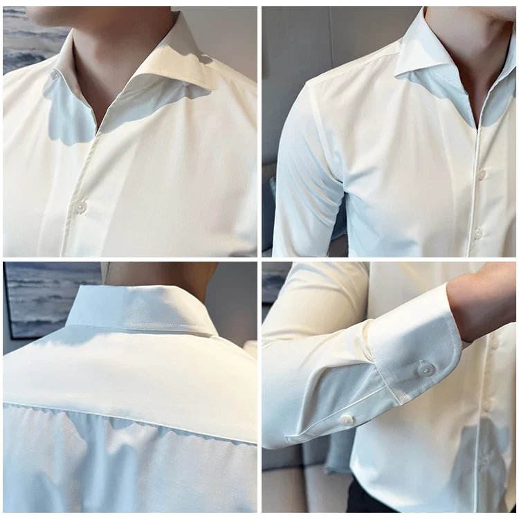 British Style V-neck Shirt for Men Temperament Long Sleeved Casual Business Dress Shirt Slim Fit Office Social Camisa Masculina