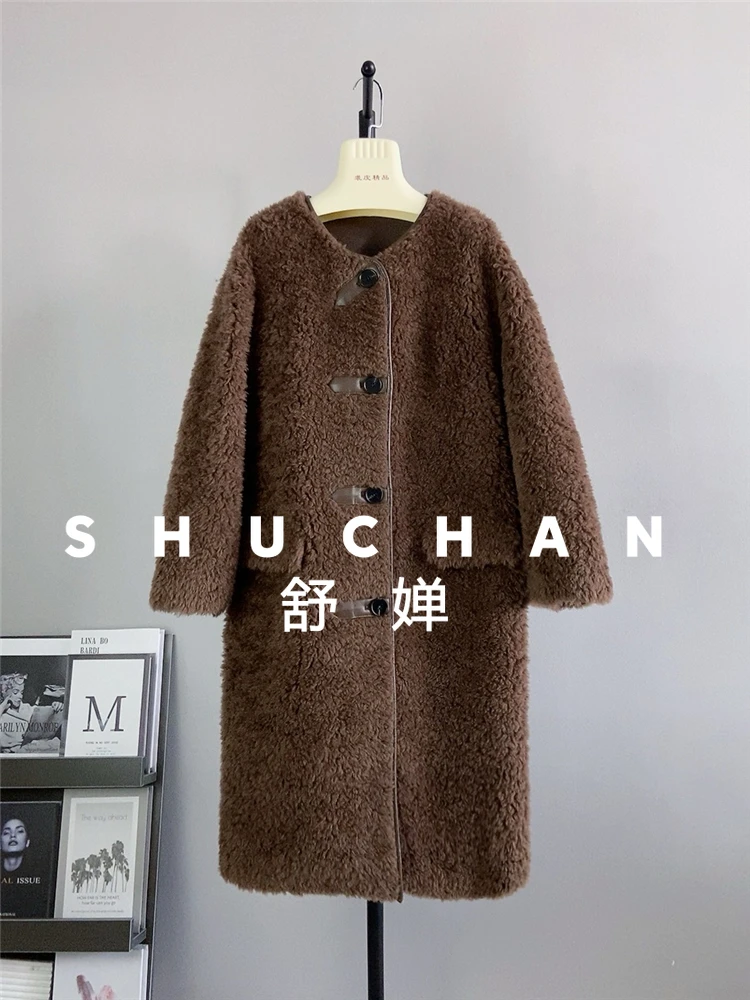 100% casaco de lã feminino novo inverno quente novo longo encaracolado casaco em torno do pescoço casacos femininos inverno 2025