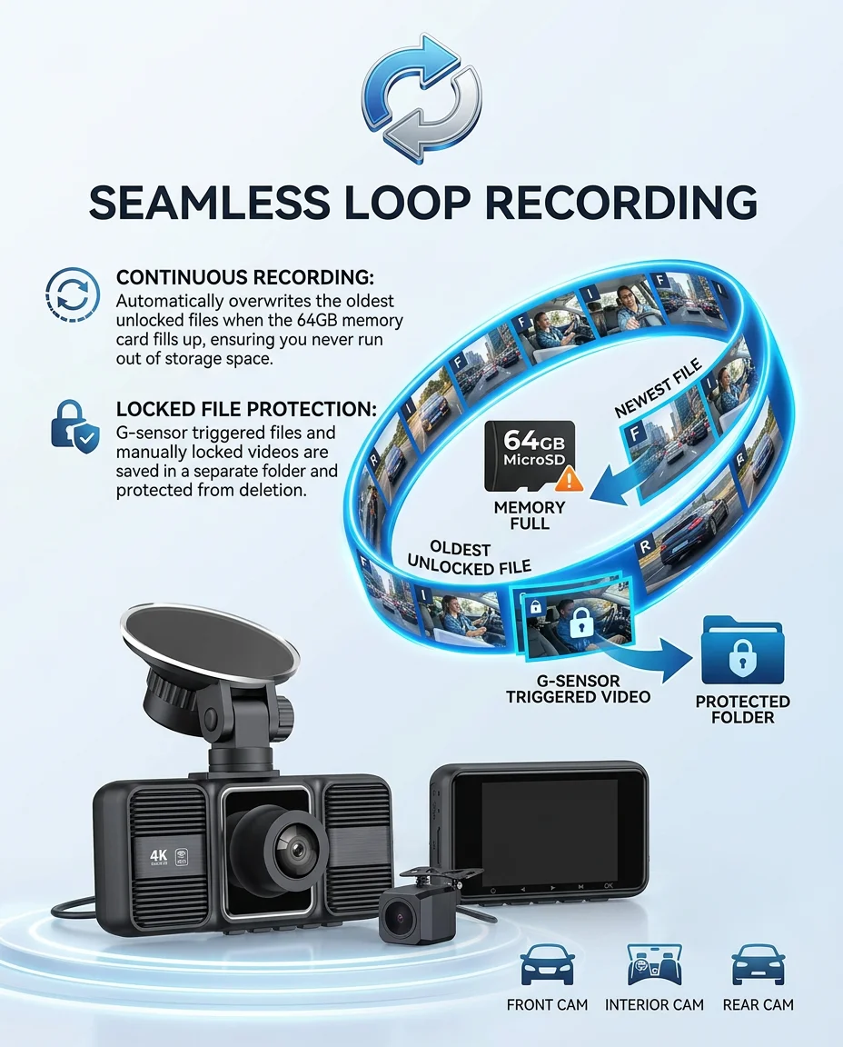 4K 2160P Dash Cam 3 Lens WiFi Car DVR Front Inside Rear Triple Camera 720P Video Recorder Allwinner G-sensor 24H Parking Monitor