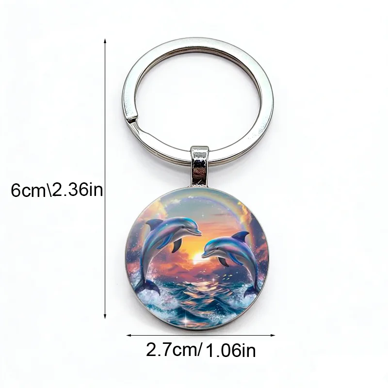 Hot selling dolphin rainbow sunset pattern circular glass alloy keychain Easter gift