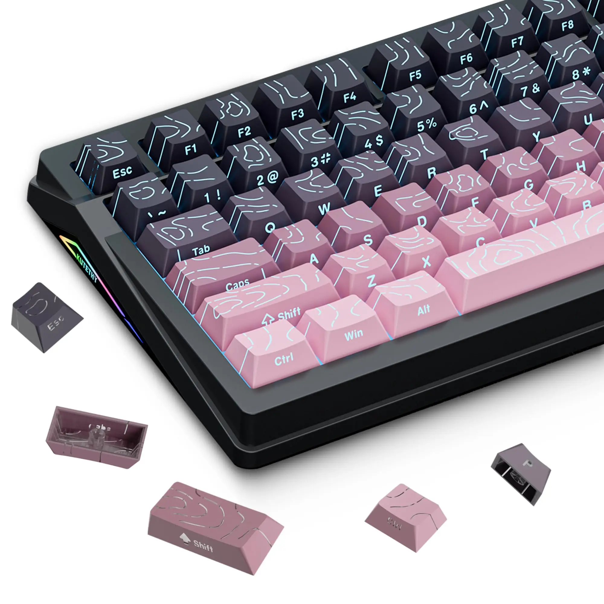 

135 клавиш с градиентом BlackBerry Topographic PBT, набор колпачков для клавиш с боковым принтом, двойной блеск, сквозной колпачок для клавиш, вишневый профиль, минималистичный стиль