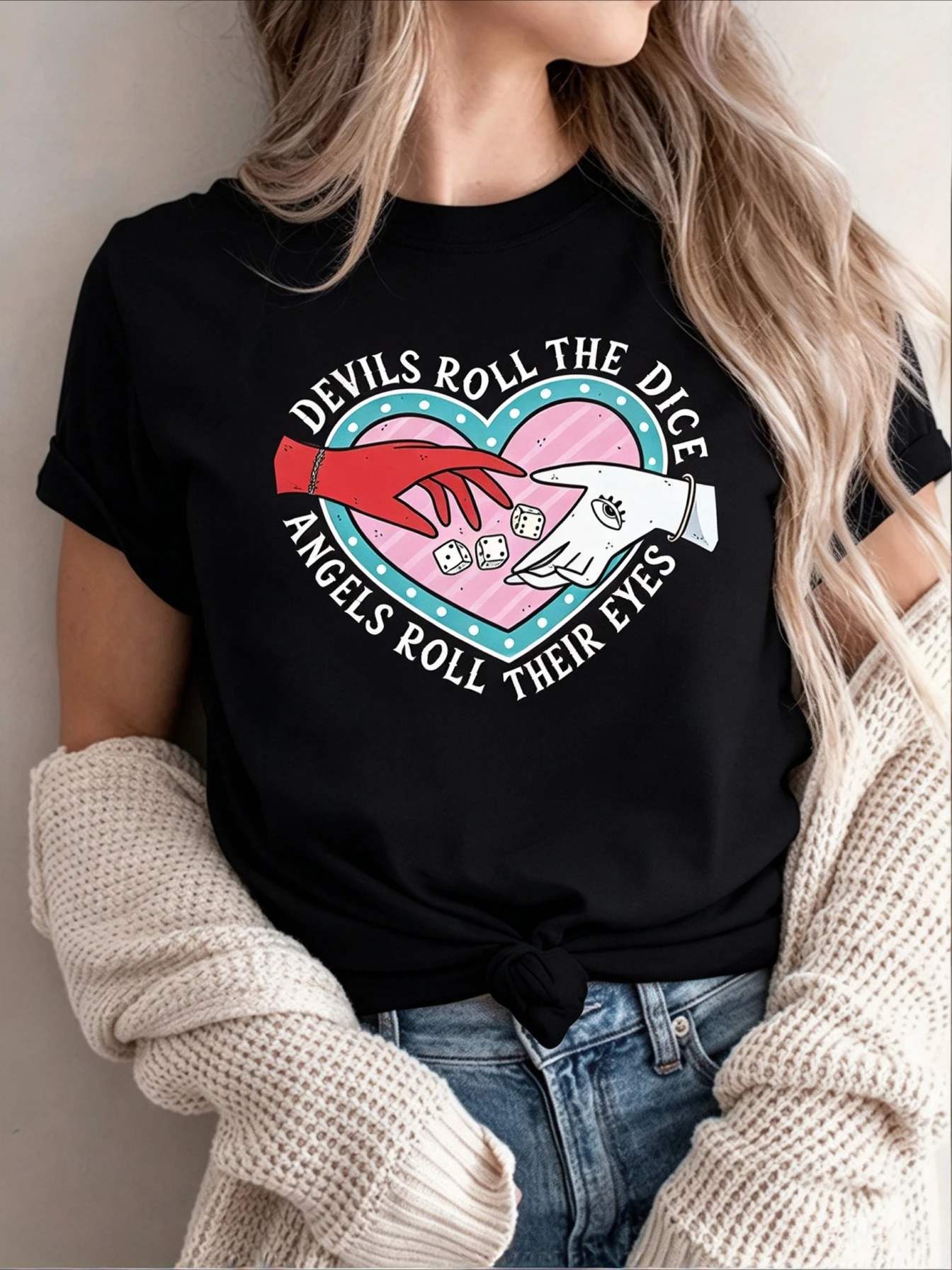 Devils Roll The Dice T Shirt Women Retro Heart Hands Print Music Lyric Casual Tops Streetwear Daily Wear Fashion Edgy Ladies Top