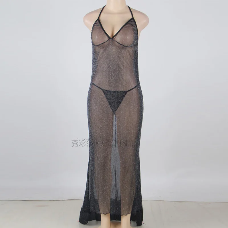 Women Lace Sleepwear Transparent Hollow Out Robe Dress Women Underwear V Neck Sexy Lingerie Sling Stretchy Solid Dresses