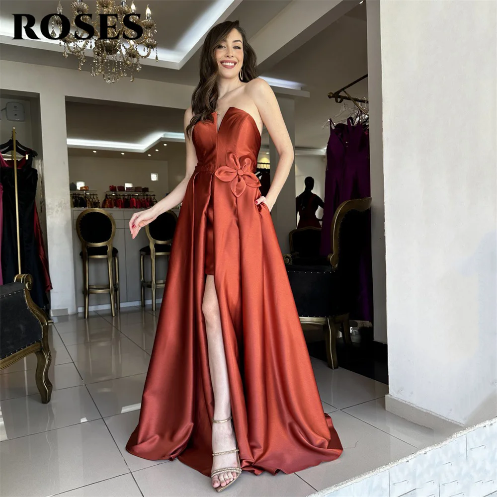 

ROSES Rust Colored Evening Dress V Neck Prom Dresses Floral Accent Party Formal Gown High Slit robe de bal for Woman Customized