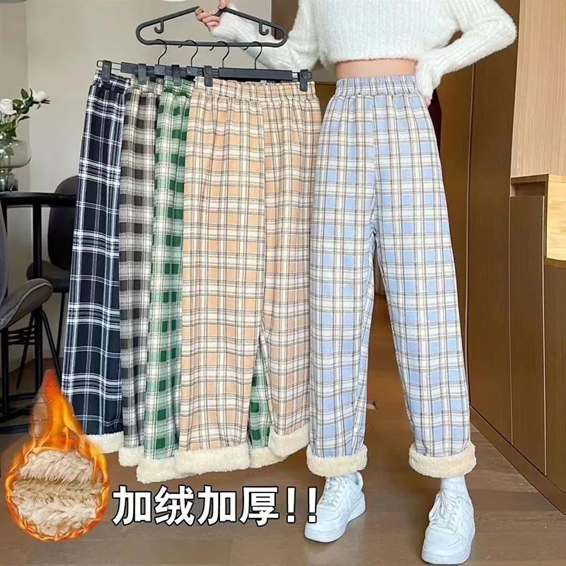 Autumn Winter Inner Fleece Warm Pants Women Elastic Waist Casual Loose Straight Plaid Trousers Female Versatile Student Pants
