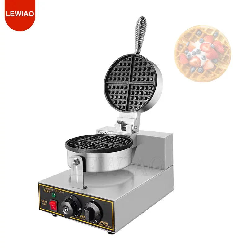 Máquina comercial de waffle redonda, 1200w, antiaderente, aço inoxidável, waffle belga, com controle de tempo