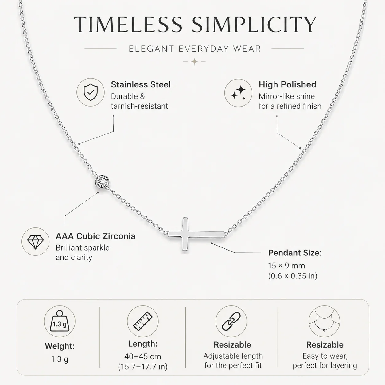Stainless Steel Sideways Cross Necklace for Women, Adjustable CZ Chain Necklace Pendant Waterproof Tarnish Free