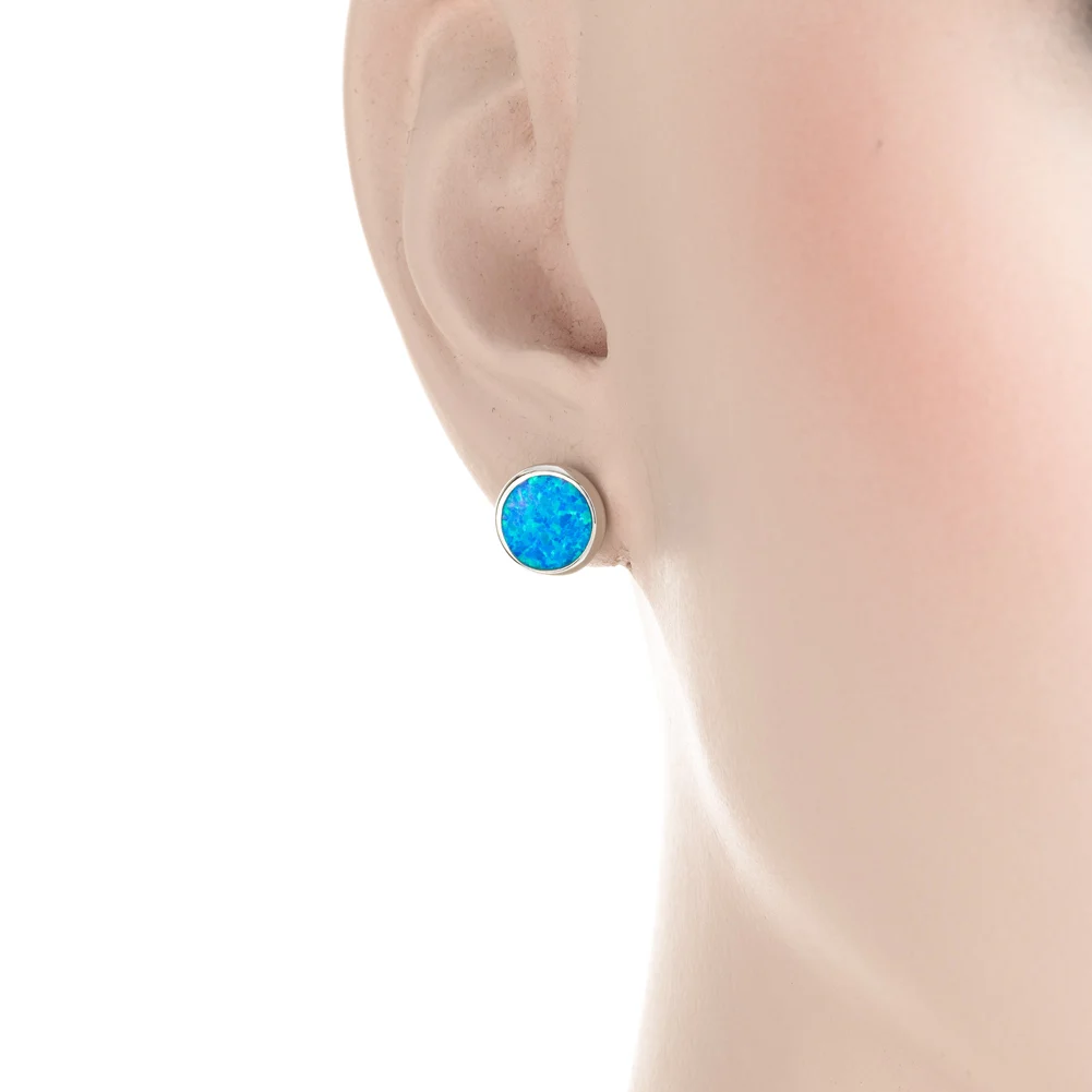 KONGMOON Round Ocean Blue Fire Opal Jewelry for Women Piercing Stud Earrings