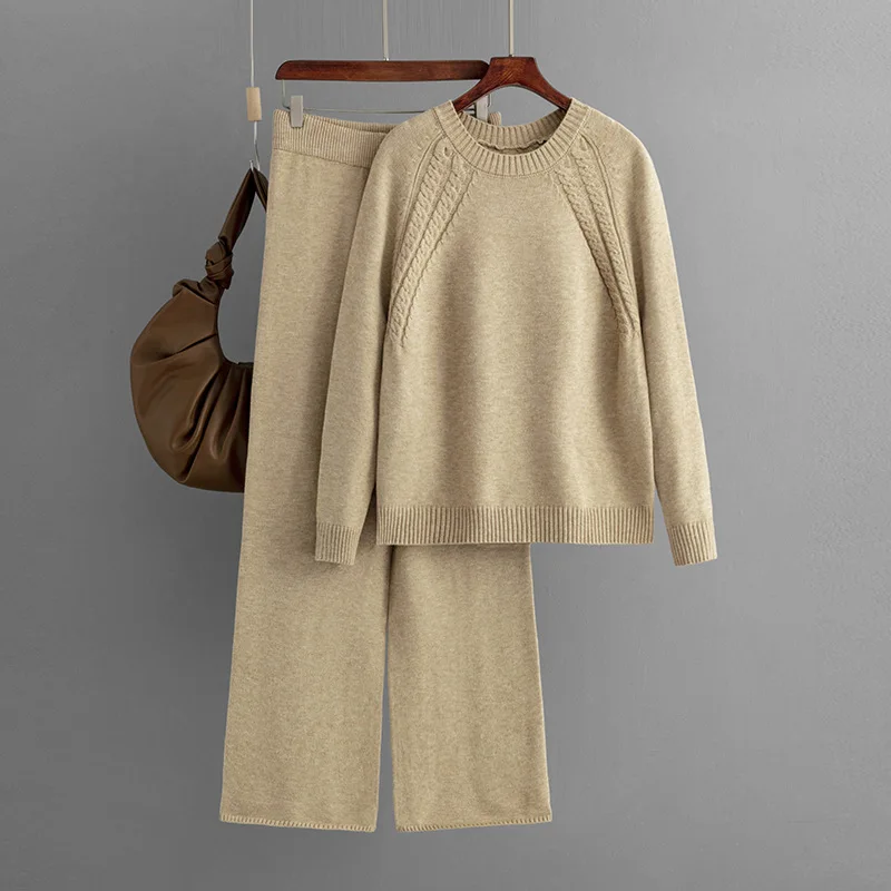 Autumn Women Solid Pants Suits O Neck Sweater Pullover+Elastic Waist Long Loose Suit Pant New Fashion Knitted Two Pieces Sets