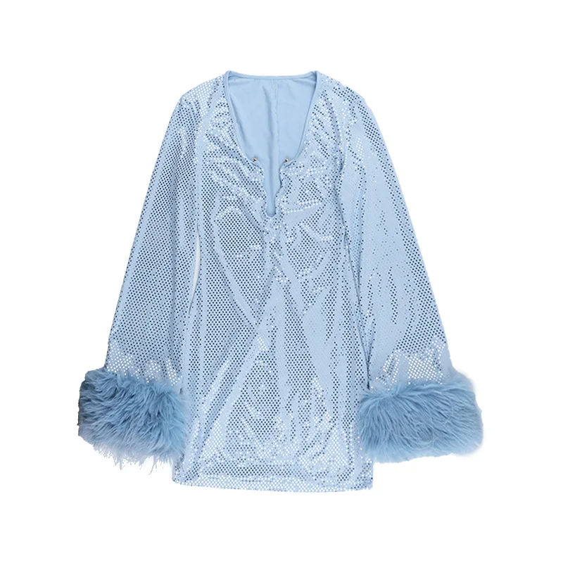 Stsss feminino azul lantejoulas vestido nova moda outono profundo decote em v manga longa decoração de pele do falso magro bodycon festa clube mini vestido