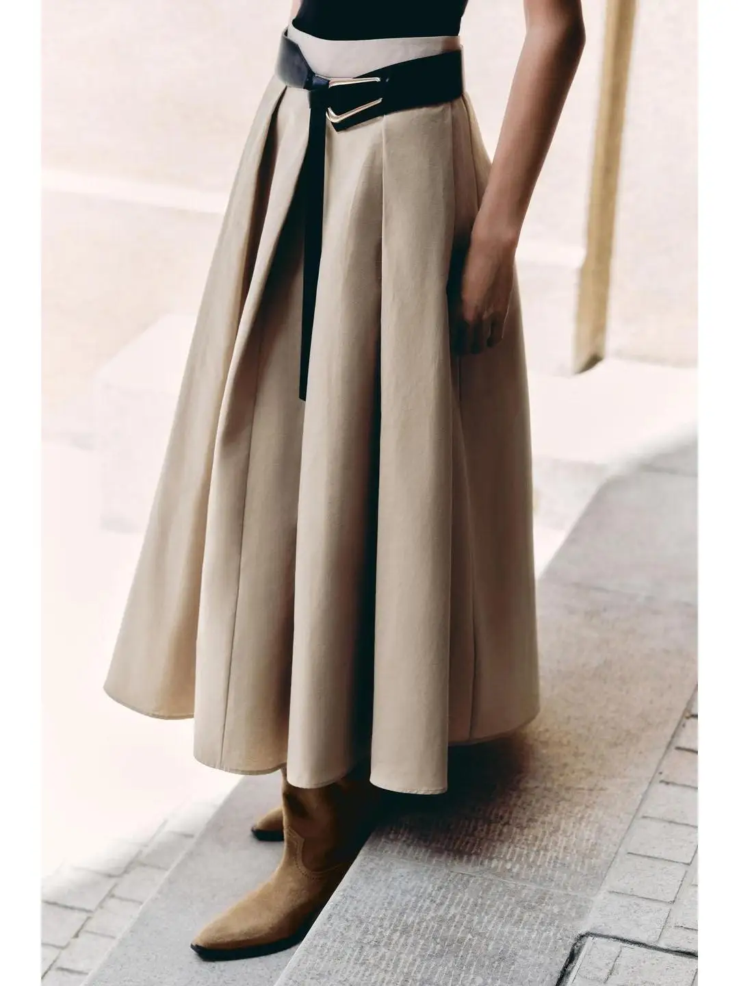 

Early Autumn Midi Skirt with Belt Tassel Design Color Blo High Waist A-Line Skirt for Pear aped Women High Quali Fabric