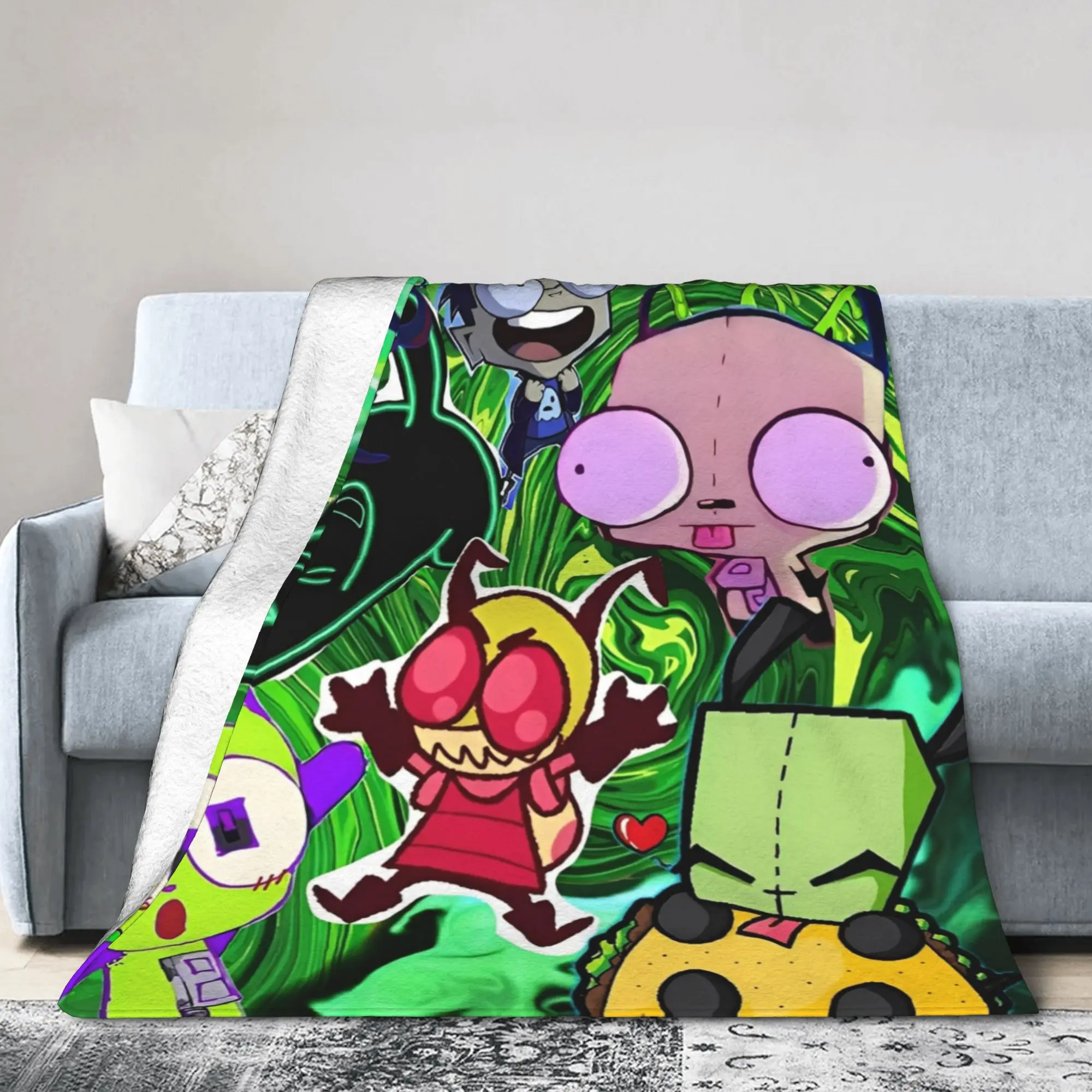 Invaders Zims  Kawaii  Cartoon Blanket  Flannel Vintage Breathable Throw Blankets for Bedspread Summer,