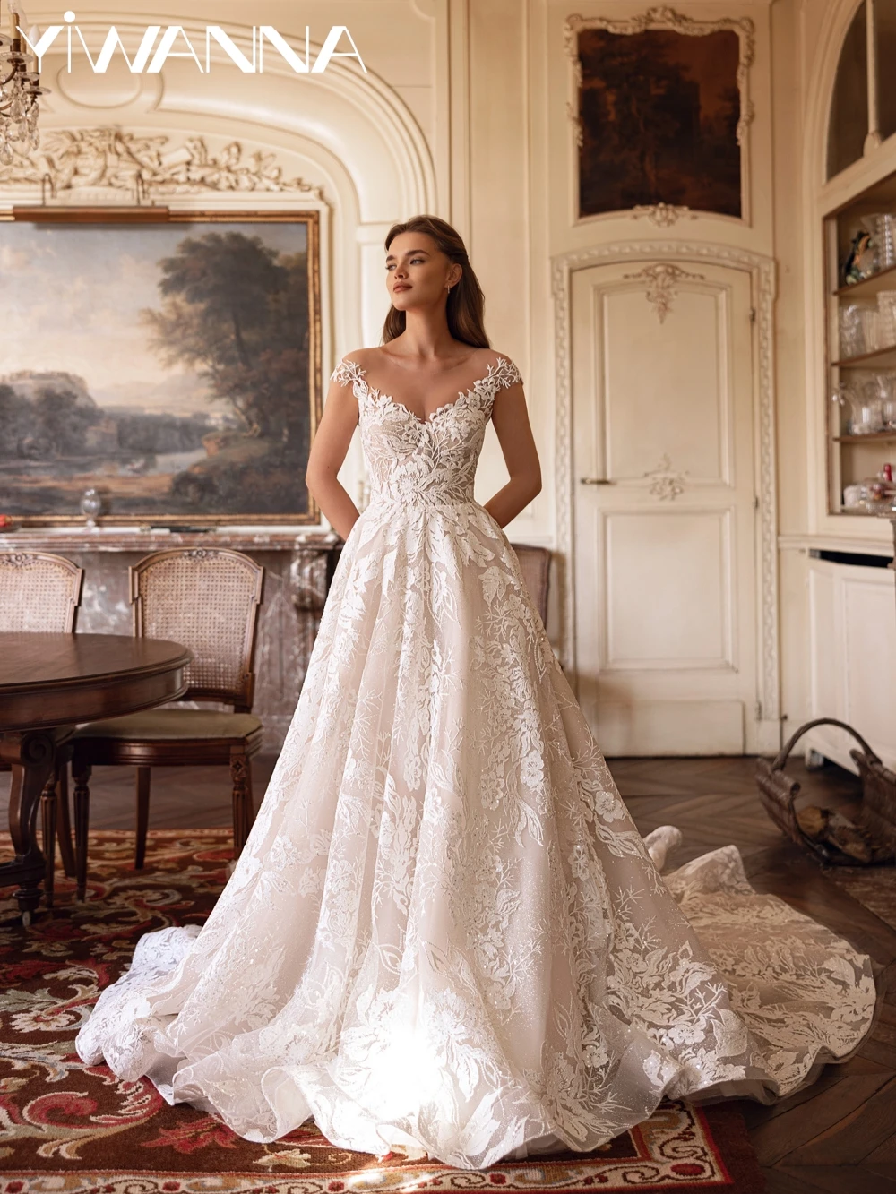 

Charming Sequined Lace Applqiues Wedding Dress Dreamy A-line Long Bridal Gown Customized Oneck Short Sleeve Dresses For Bride